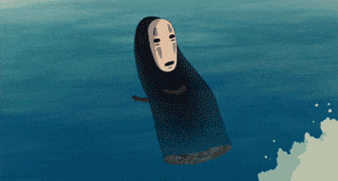 Anime gif. No-face of Spirited Away is overwhelmed by ocean waves covered in the word "emails."