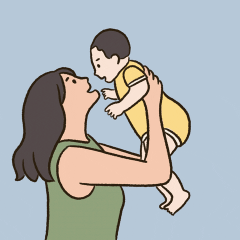 Illustrated gif. Woman holds up a baby and tilts her head back as she smiles. The baby smiles back as the woman holds them up higher.