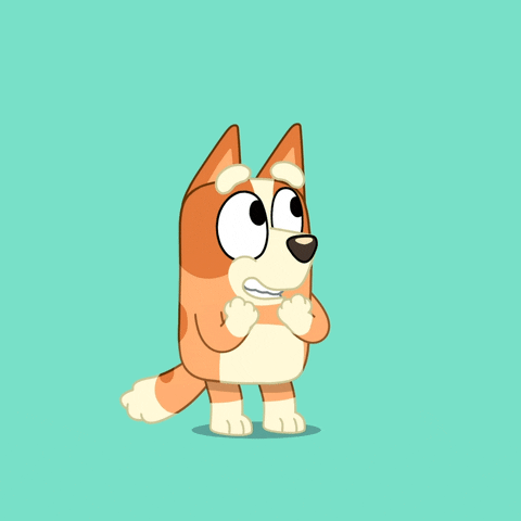 Cartoon gif. Bingo Heeler from Bluey stands with his front paws near her mouth as she glances up with a smile on her face. 