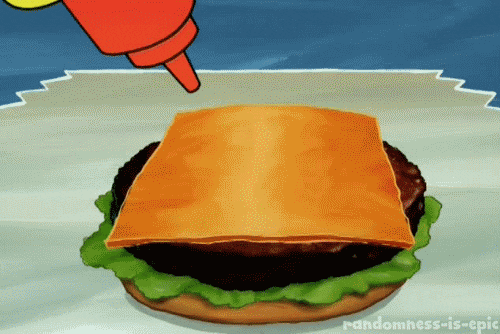 SpongeBob SquarePants gif. SpongeBob squirts a heart shaped blob of ketchup onto a Krabby Patty.