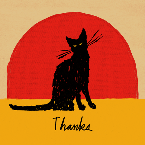 Illustrated gif. Sly black cat with narrow eyes sits in front of a yellow and red background. It stares at us with black hearts radiating from its head and the text below reads, "Thanks."