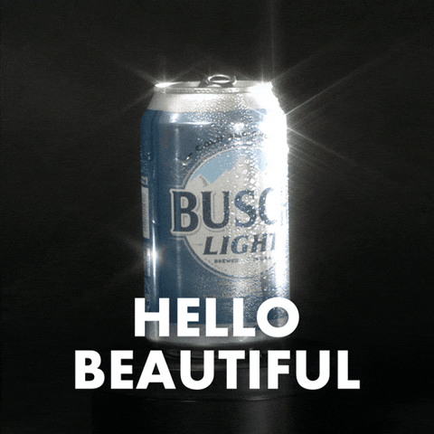 Sponsored gif. Can of Busch Light beer rotates in place slowly. Its dewy exterior shines in the light. Text reads, “Hello beautiful.”