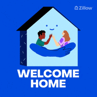 Sponsored gif. Animated house with arms smiles. In its arms it cuddles two people who high five. Text below the house reads, “Welcome home.”