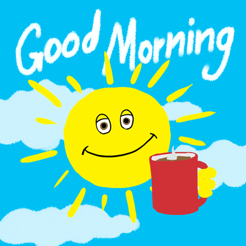 Digital illustration gif. Friendly, smiling sun nods at us while holding a steaming cup of coffee against a blue sky filled with clouds. Text, "Good morning."