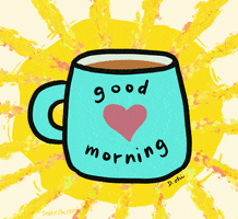Illustrated gif. A hand-drawn blue mug of coffee with a red heart and the words "good morning" in front of a yellow and orange pepper-shaded sun. The text pulses. Solid yellow rays appear and disappear over the pepper-shaded sun.