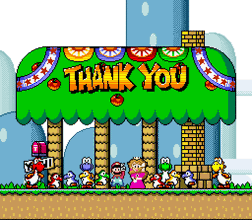 Video game gif. Super Nintendo 16-bit Mario and Princess Peach smile and wave at us beneath a palm umbrella end screen that reads "Thank you" amongst many Yoshis and Koopa Troopas bouncing and hooray-ing.