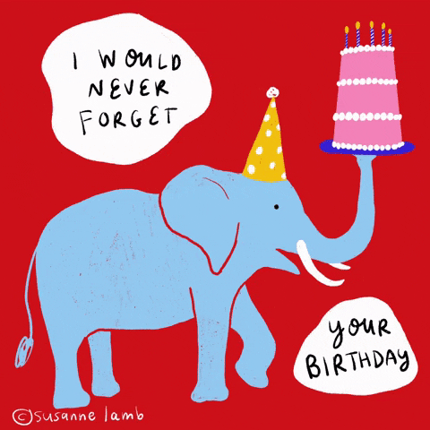 Illustrated gif. An blue elephant wearing a yellow party hat uses its trunk to hold up a birthday cake with candles. Its tail and foot both pop in unison and it looks ready to party. Text, "I would never forget your birthday."