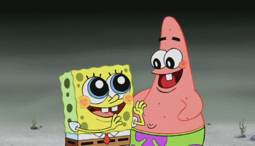 Sponge Bob and Patrick shouting Hooray and lifting their arms up simultaneously 
