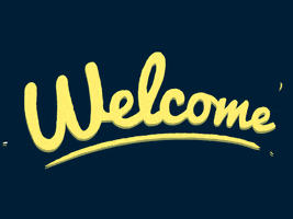 Text gif. Yellow cursive text reads, "Welcome." The letters morph in a spiral that flashes and disintegrates. Then streaks of yellow appear from all sides and coalesce again.