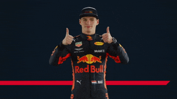 Sports gif. Max Verstappen of Red Bull's Formula One racing team is wearing his uniform and gives us a closed lipped smile and two thumbs up.