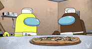 Cartoon gif. Promotional animation for the video game "Among Us". Behind a table with a pizza on it, two iconic "Among Us" players perform a secret handshake while a giant black Nightmare Monster with many arms sneaks up behind them licking its lips.