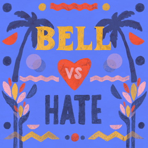 Digital art gif. Graphic painting of palm trees and rippling waves, the message "Bell vs hate," vs in a beating heart, hate crossed out.