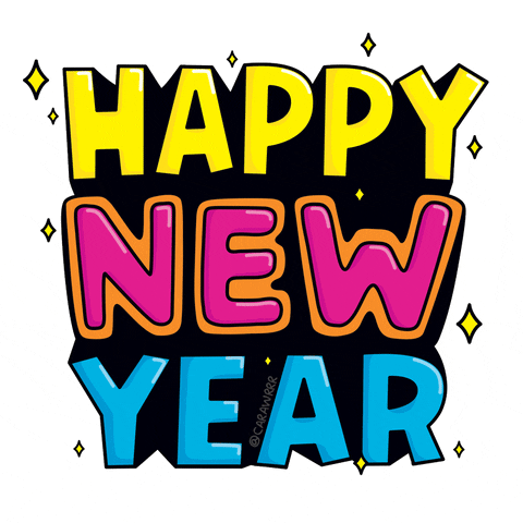 Text gif. Sparkles shimmer around yellow, pink and blue text that reads, “Happy New Year.”