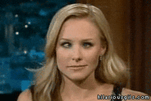 Celebrity gif. Kristen Bell crosses then darts her eyes from side to side.