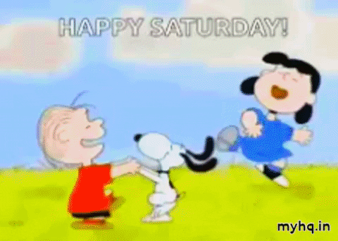 Cartoon gif. Linus and Snoopy from The Peanuts hold hands and dance as Lucy dances on her own next to them. Everyone looks happy as bright colors flash through their clothes and across the dance floor. Text, "Happy Saturday!'