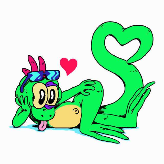 Cartoon gif. Neon green lizard-like creature reclines on its side, one leg tossed over the front in a flirty pose, tail forming the shape of a heart. It blinks its purple lidded eyes and a red heart pops out with each blink.