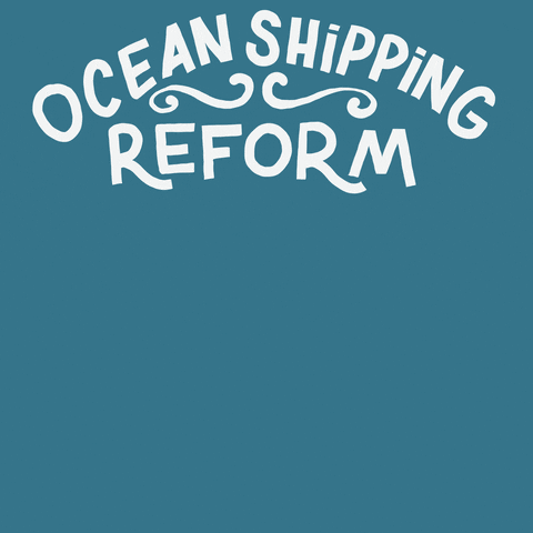 Illustrated gif. Aerial view of two cargo ships with colorful freight as they pass each other on a slate blue background. Text, "Ocean shipping reform fairness."