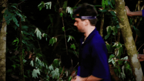 Reality TV gif. Man on Kicking and Screaming swings a machete over his shoulder like he’s ready to cut something in front of him, but he accidentally gets the tip stuck in the tree behind him.