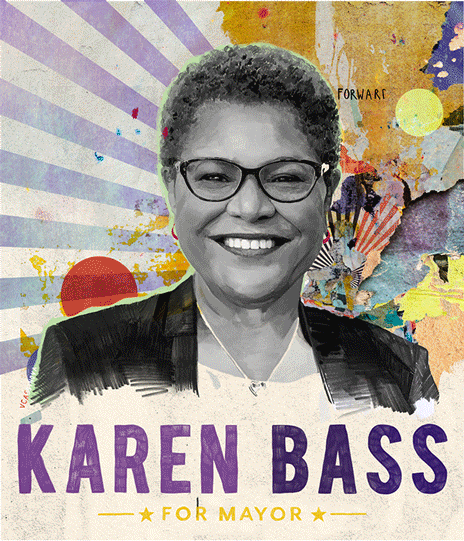 Political gif. Photo of Mayor Karen Bass smiling, collaged textures and patterns as background, bubbles rising slowly. Text, "Forward is where we're going, together, Karen Bass for mayor."