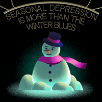 Digital art gif. Sad snowman in static shadow, a marquee of Christmas lights reads, "Seasonal depression is more than the winter blues."