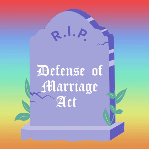 Digital art gif. Periwinkle headstone overgrown and cracked, glistens on a rainbow background, reading, "RIP Defense of Marriage Act."