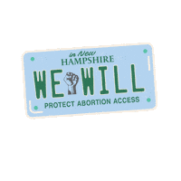 Digital art gif. Light blue New Hampshire license plate dancing against a transparent background reads, “In New Hampshire, we will protect abortion access."