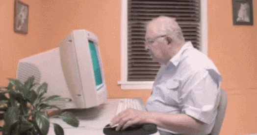 Video gif. An old man sits at an old Windows computer, and we see on screen as he clicks on "My Computer" and drags it into the trash can. The computer disappears from his desk, and he looks behind him, saying, "Linda..."