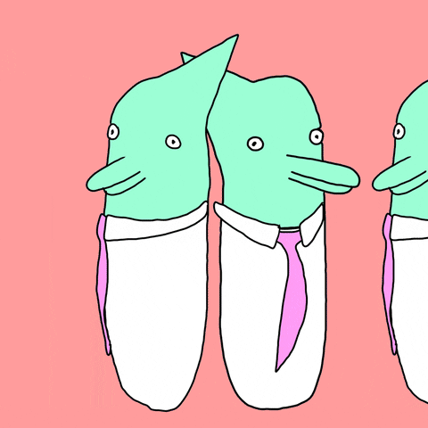 Illustrated gif. Turquoise dolphin-esque figures wear white collared shirts with pink ties, spinning around and progressing forward like an eternal conveyor belt as the background flashes pastel colors.