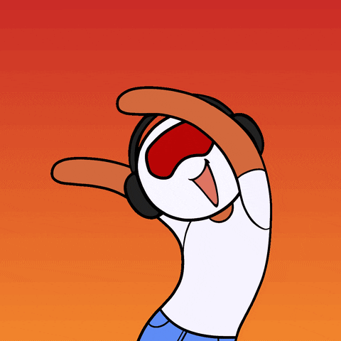 Cartoon gif. A person wears headphones and sunglasses as they happily wave their hands back and forth above their head as the background flashes gradient colors. 