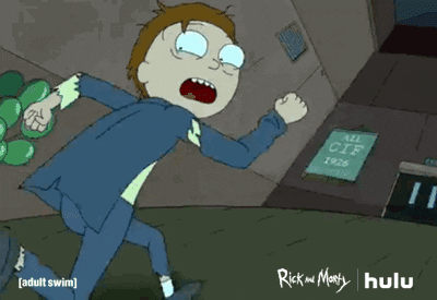 Cartoon gif. Morty from Rick and Morty, wearing battered clothes, can't tear his gaze from whatever is chasing him as he runs towards a door Rick that opens for him, yelling.