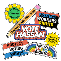 Digital art gif. Collection of stickers brightly colored and full of energy, a flexing daisy that reads "protect climate action," a bobbing pencil that reads "protect public education," a waving flag that reads "protect voting rights," an oscillating marquee that reads "protect workers rights," a twirling dodecagram that reads "protect abortion rights," an oscillating rainbow that reads "protect LGBTQ rights," and front and center, a flashing neon sign that reads "Vote Hassan."