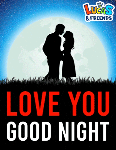 Digital art gif. Silhouette of a man and a woman holding hands in a field, surrounded by a big glowing moon and glittery night sky with shooting stars, a heart floating from their embrace. Text, "Love you, good night."