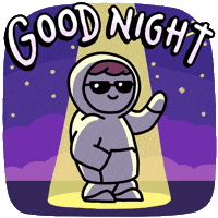 Digital illustration gif. Person in a white hoodie and sunglasses stands in a spotlight, smiling and waving at us. The background has a shooting star and purple night sky filled with stars. Text, "Good night."