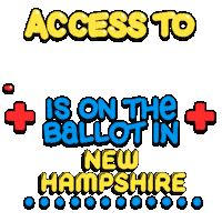 Text gif. Colorful bubble text flanked by pulsating red medical plus signs against a transparent background reads, “Access to healthcare is on the ballot in New Hampshire.” The word “healthcare” moves across the screen in the same zigzag manner as an electrocardiogram machine. A line of blue dots marches across the bottom.