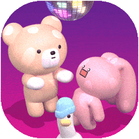 Kawaii gif. Three chibi animals, a stoic teddy bear, a shocked rabbit, and duck with a hat, dance under a disco ball.