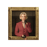 Sponsored sticker gif. Gold-framed portrait of Traitors cast member Dorinda Medley pulses forward and back.