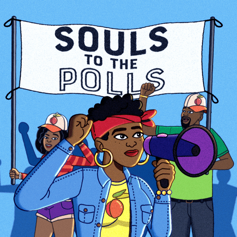 Illustrated gif. Black protestors against a sky blue background wearing hats and shirts with peaches on them, pumping fists, a young woman shouting into a bullhorn under a banner that reads "Souls to the polls."