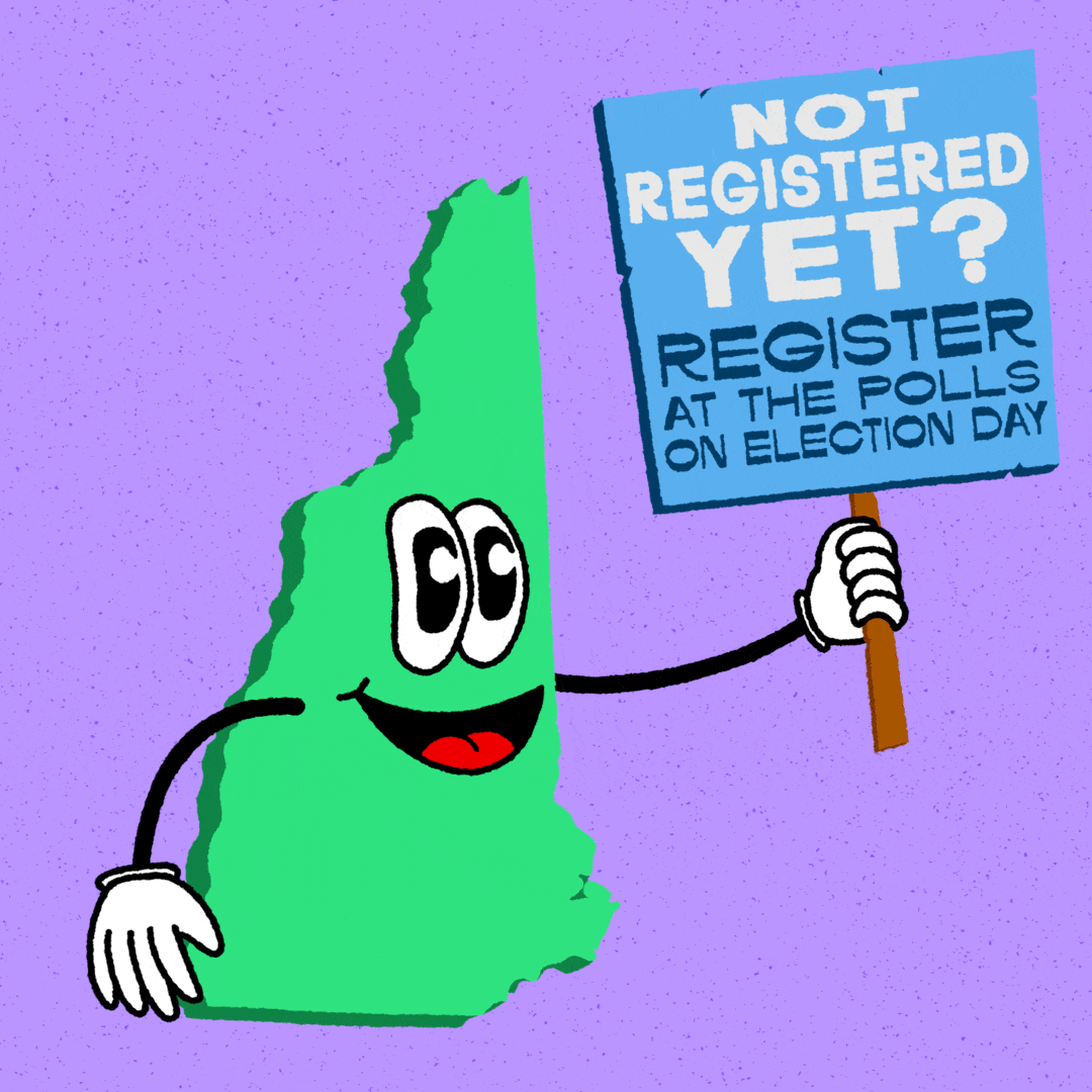 Illustrated gif. Bright green anthropomorphic state of New Hampshire, on an orchid purple background, smilingly holds a picket sign that reads, "Not registered yet? Register at the polls on Election Day."