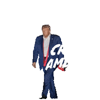 Text gif. Donald Trump tie open and hat in hand, looking defeated, all around him white graffiti text, "We will defeat Trump, and create an America, for all."