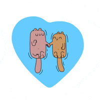 Illustrated gif. Two otters hold hands and smile contentedly, tails wagging, lying on a watery blue heart.