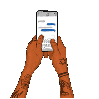 Digital art gif. Woman's hands with religiously symbolic tattoos tapping on a Blackberry, a speech bubble appearing to show the text, "U up?"