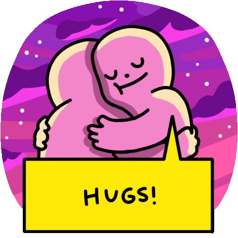 Cartoon gif. Two simple figures in a sweet embrace. One closes its eyes contently with a speech bubble that says, "Hugs."