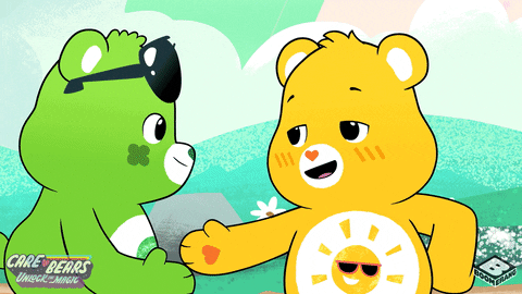 Cartoon gif. The green Good Luck Care Bear does a fist-and-elbow bump handshake and leaps into a high five with the yellow Funshine Bear, from Care Bears.