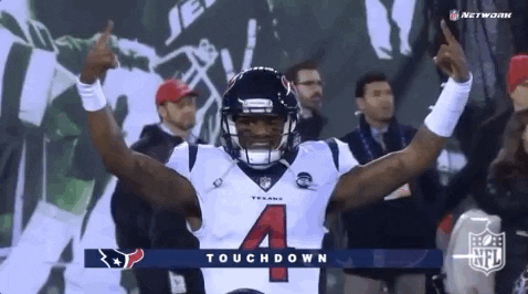 Sports gif. Houston Texans quarterback Deshaun Watson raises his arms and grins confidently to celebrate a Texans touchdown.