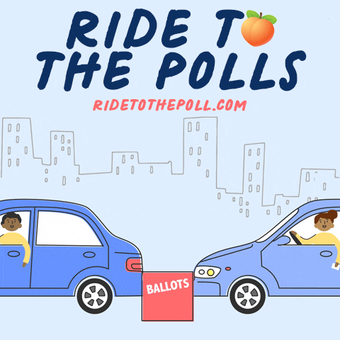 Illustrated gif. Drivers in different blue cars, drive in and through, a cityscape behind, dropping ballots into a peachy-red ballot box. Text, "Ride to the polls, ride to the poll dot com," a peach in place of the O.