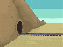 Cartoon gif. A purple train crashes into the opening of a too-small mountain tunnel and gets stuck. It backs up and rams it's way through as the rock face crumbles around it.