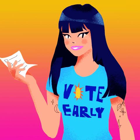 Illustrated gif. Young woman on a orange-and-pink gradient, with bold modern makeup and dainty tattoos holding a ballot and wearing a t-shirt that reads "Vote early."