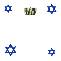 Text gif. 3D block letters in earthy blues and neutrals zoom in heroically, surrounded by stars of David. Text, "Proud, Jewish, American."