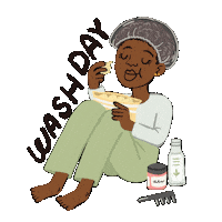 Sticker gif. Satisfied woman sits on the floor eating a bowl of chips and her hair is put up in a hair cap. Hair products are next to her and text on her other side reads, 'Wash Day.'
