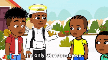 Cartoon gif. Two teenagers and two kids stand outside as it snows. One of them holds his hand out and says, “It’s only christmas eve.”